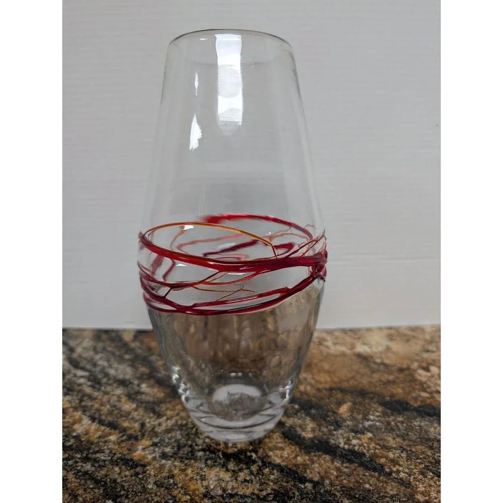 Blenko Glass Vase Red Threads Clear 9720 Label  10.75” Tall